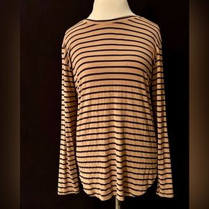 Remidoo Women’s Round Neck LS Striped camel/navy T-Shirt - XL Nautical